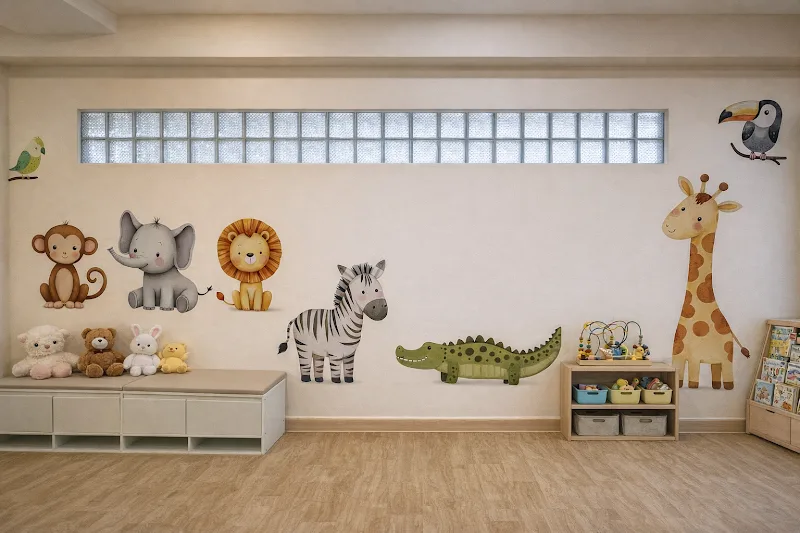 Waiting bench with soft toys and a jungle animal mural