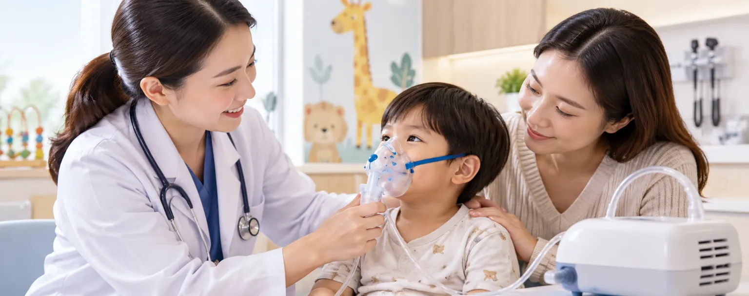 Child receiving nebulisation with a clinician and parent in a child-friendly clinic